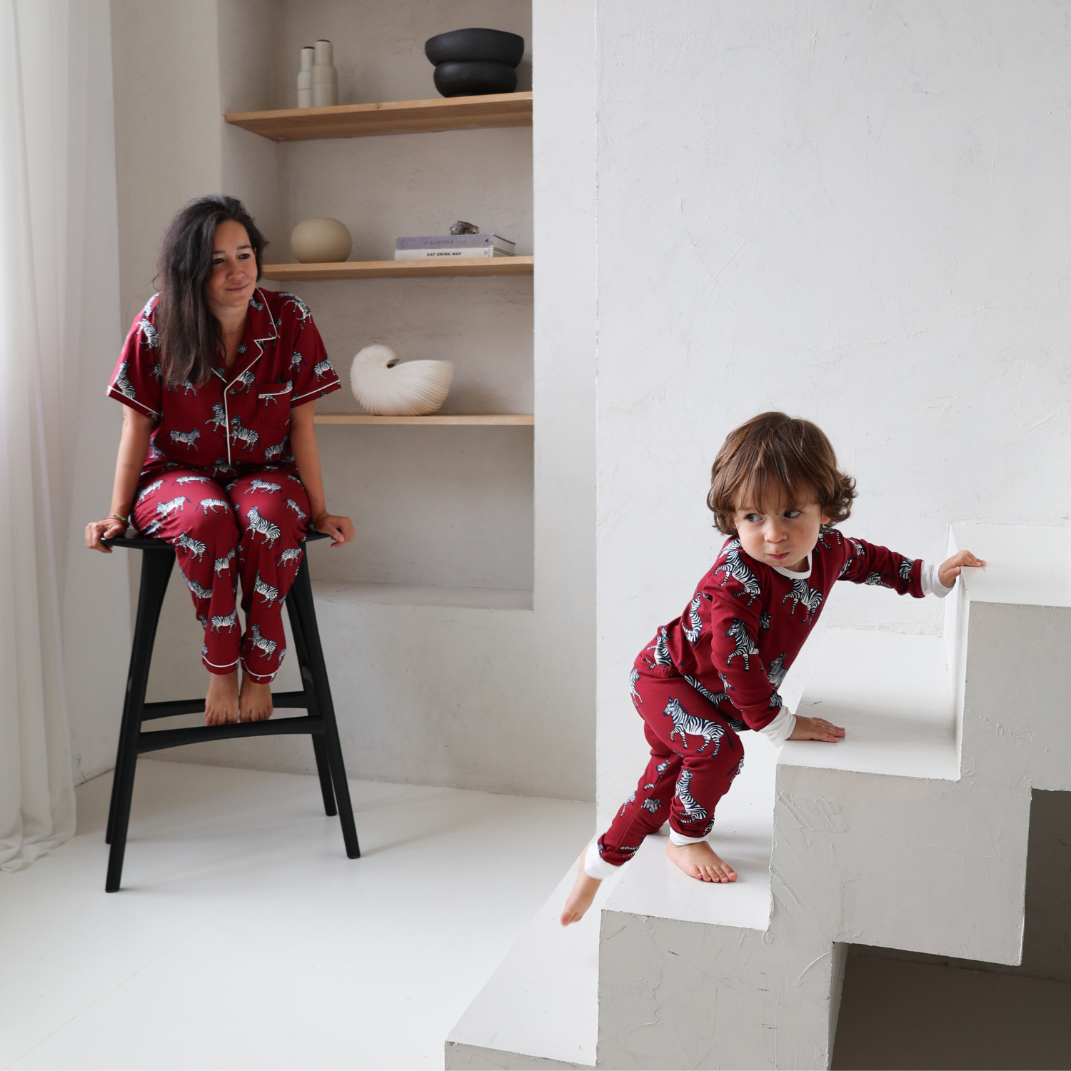 Bamboo Pyjama Long Set för kvinnor - Burgundy Zebra