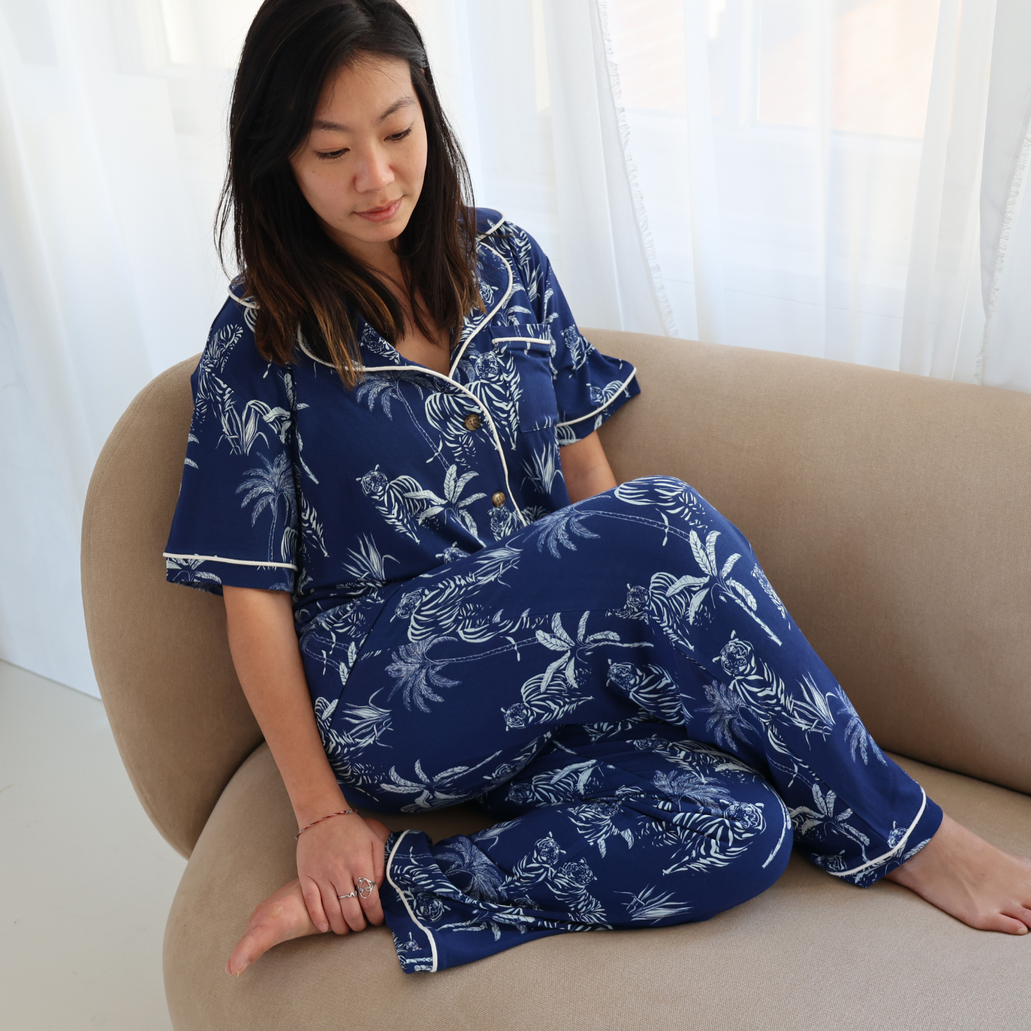 Женский пижамный комплект из бамбука с длинным рукавом - Большой кот