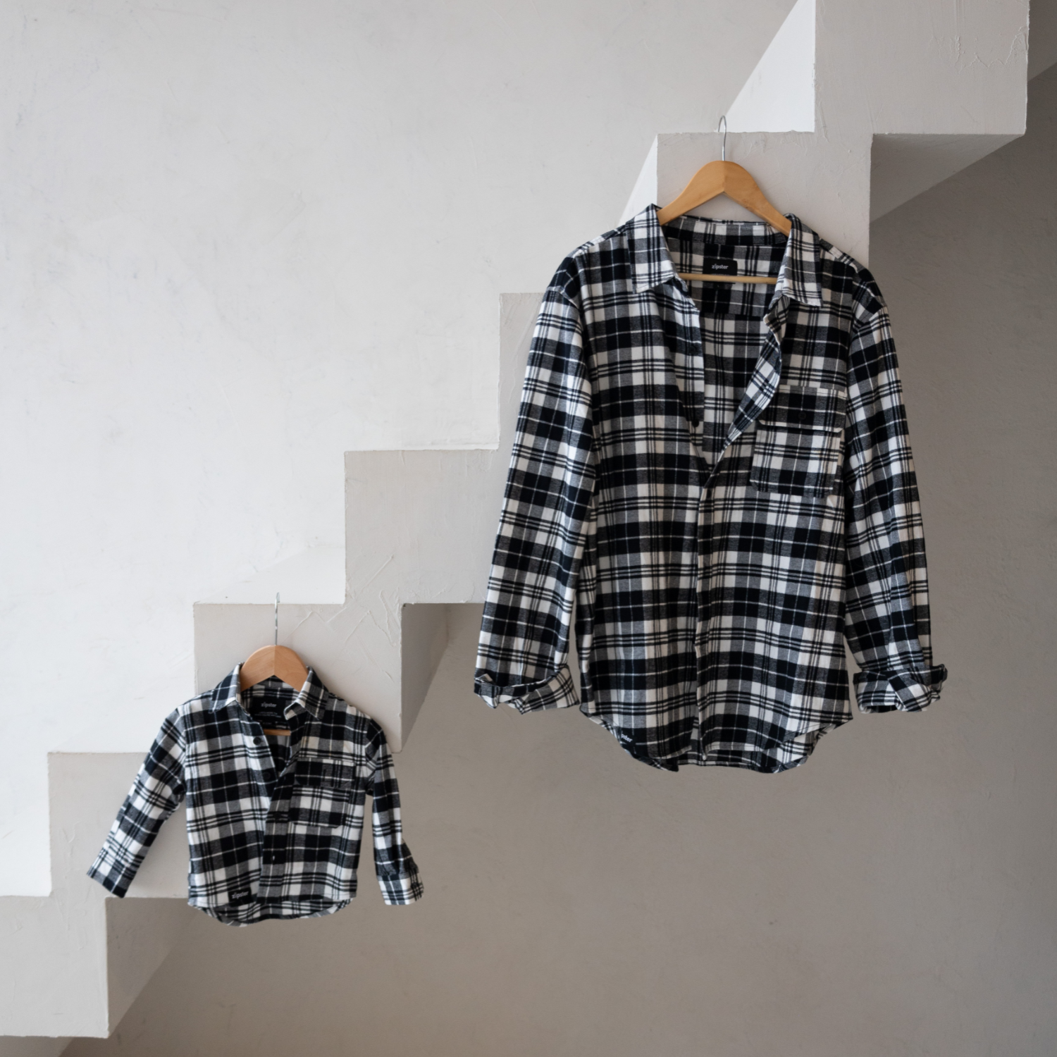 Pap & Mini Flanellen Overhemd Set - Zwart Ruitje